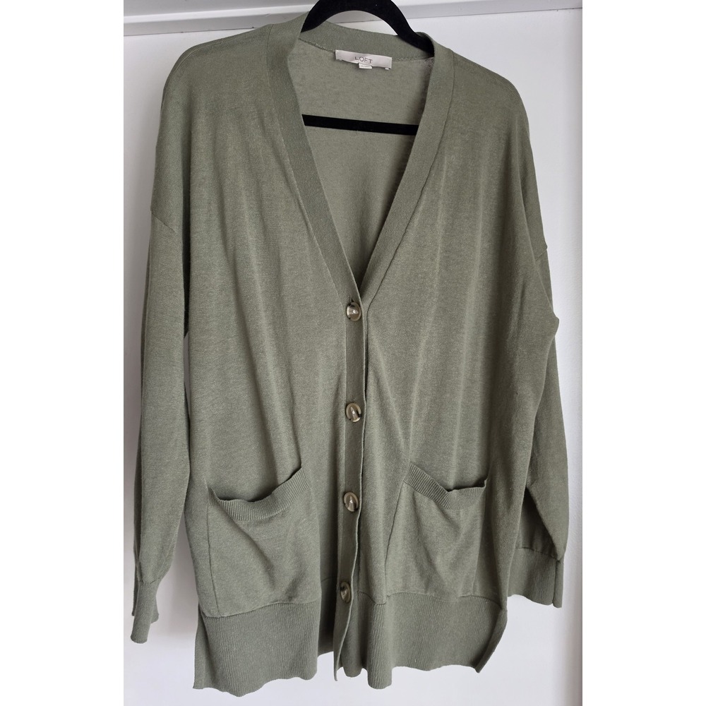LOFT Cardigan Womens XL Olive Green Linen Blend Long Sleeve V-Neck Sweater